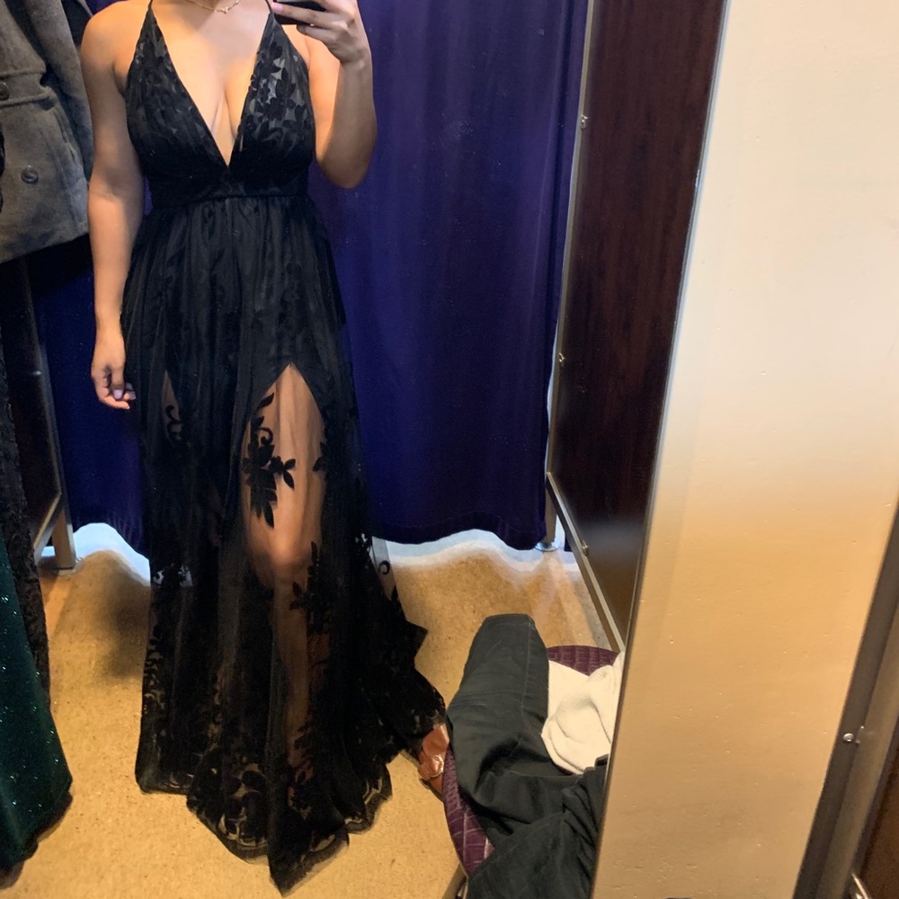 Black velvet double slit dress